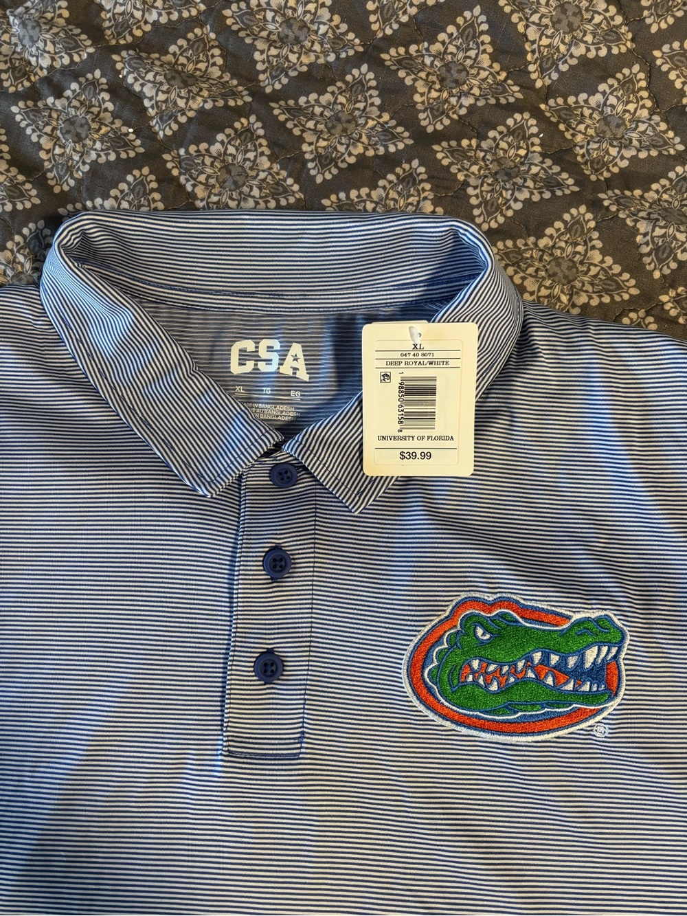CSA Men’s Blue Striped Button-Down Polo with Florida Gators Patch